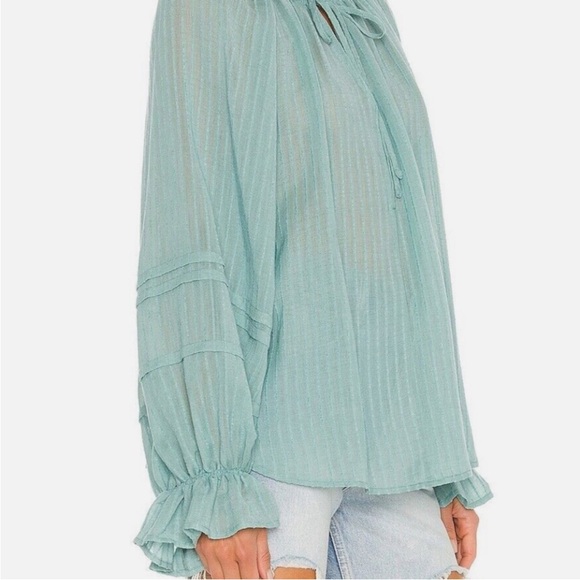 NEW FREE PEOPLE Blue/Green Split Neck Textured Long Sleeve Blouse NWT - Picture 5 of 10